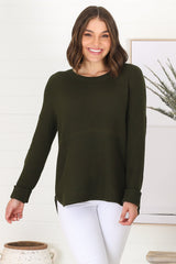 Kanza Jumper - Waffle Knit Scoop High-Low Hem Jumper in Military Green