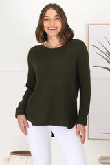 Kanza Jumper - Waffle Knit Scoop High-Low Hem Jumper in Military Green