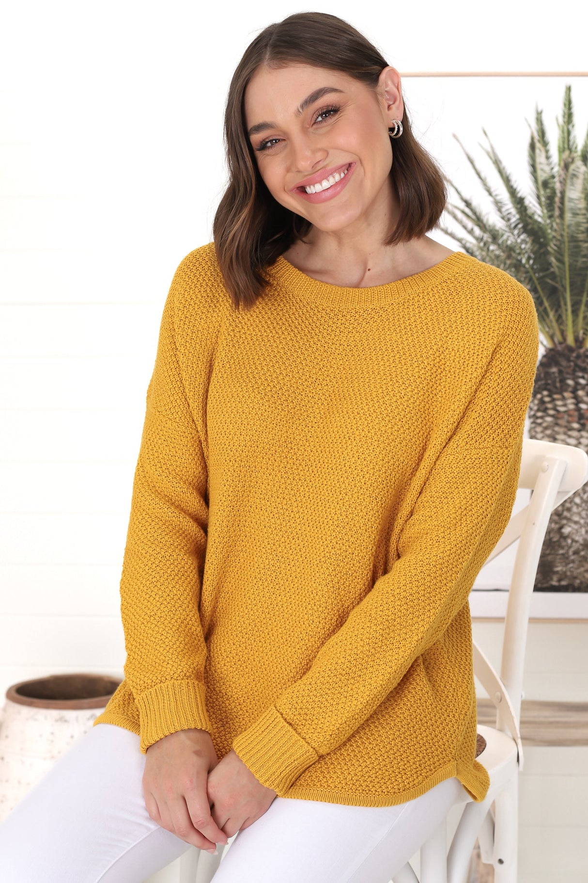 Kanza Jumper - Waffle Knit Scoop High-Low Hem Jumper in Mustard