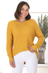 Kanza Jumper - Waffle Knit Scoop High-Low Hem Jumper in Mustard