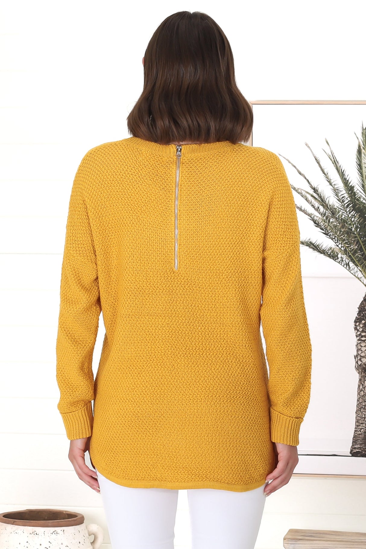 Kanza Jumper - Waffle Knit Scoop High-Low Hem Jumper in Mustard