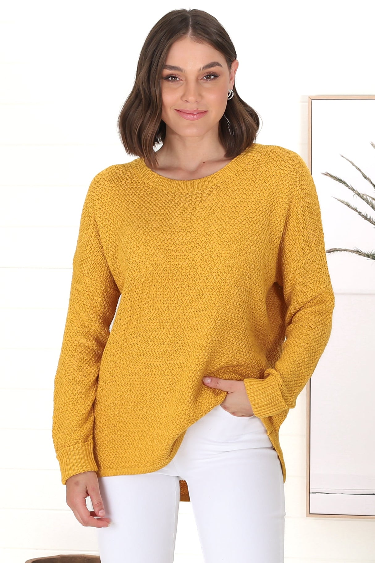 Kanza Jumper - Waffle Knit Scoop High-Low Hem Jumper in Mustard