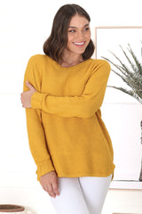 Kanza Jumper - Waffle Knit Scoop High-Low Hem Jumper in Mustard