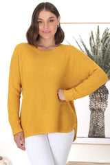 Kanza Jumper - Waffle Knit Scoop High-Low Hem Jumper in Mustard