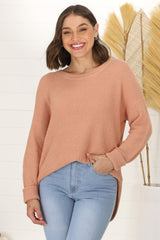 Kanza Jumper - Waffle Knit Scoop High-Low Hem Jumper in Peach