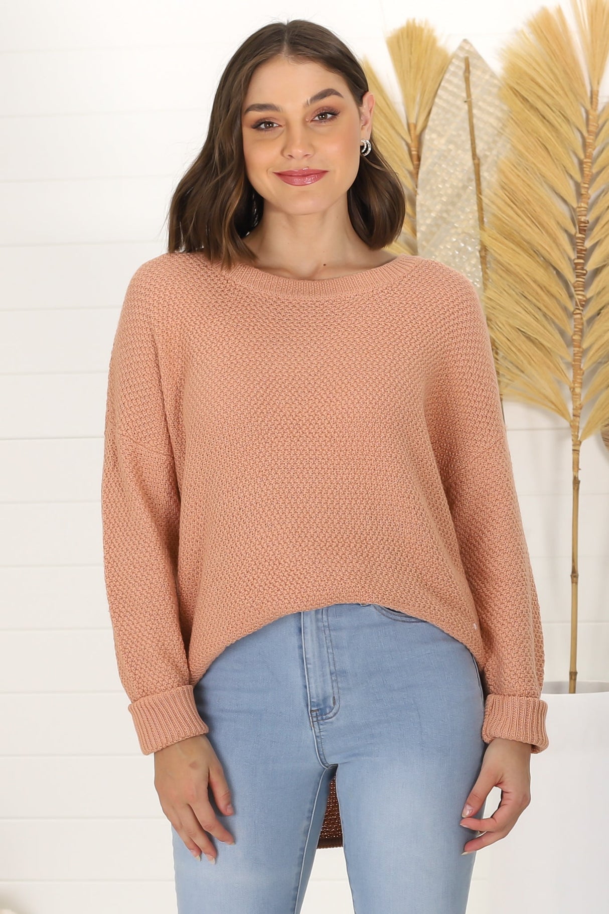 Kanza Jumper - Waffle Knit Scoop High-Low Hem Jumper in Peach