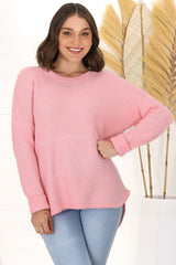 Kanza Jumper - Waffle Knit Scoop High-Low Hem Jumper in Pink