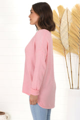 Kanza Jumper - Waffle Knit Scoop High-Low Hem Jumper in Pink