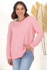 Kanza Jumper - Waffle Knit Scoop High-Low Hem Jumper in Pink