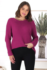 Kanza Jumper - Waffle Knit Scoop High-Low Hem Jumper in Purple