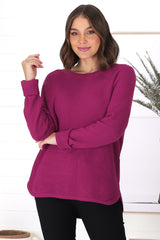 Kanza Jumper - Waffle Knit Scoop High-Low Hem Jumper in Purple