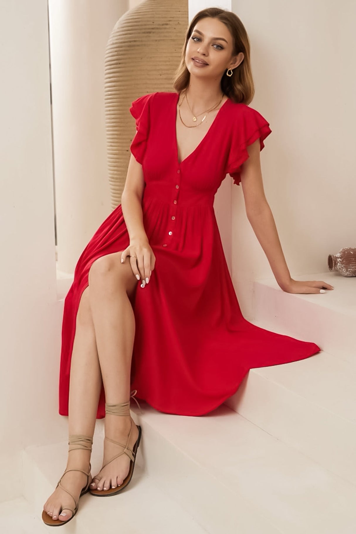 Karah Midi Dress - V Neck Frill Sleeve Dress in Red