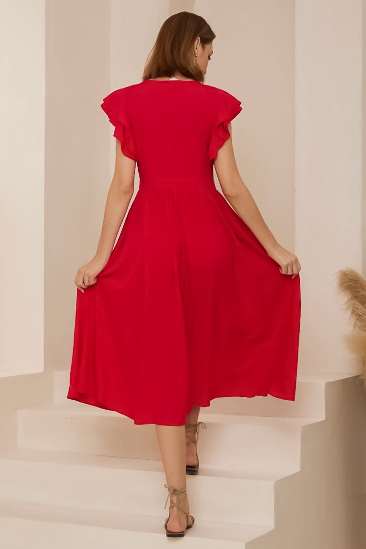 Karah Midi Dress - V Neck Frill Sleeve Dress in Red