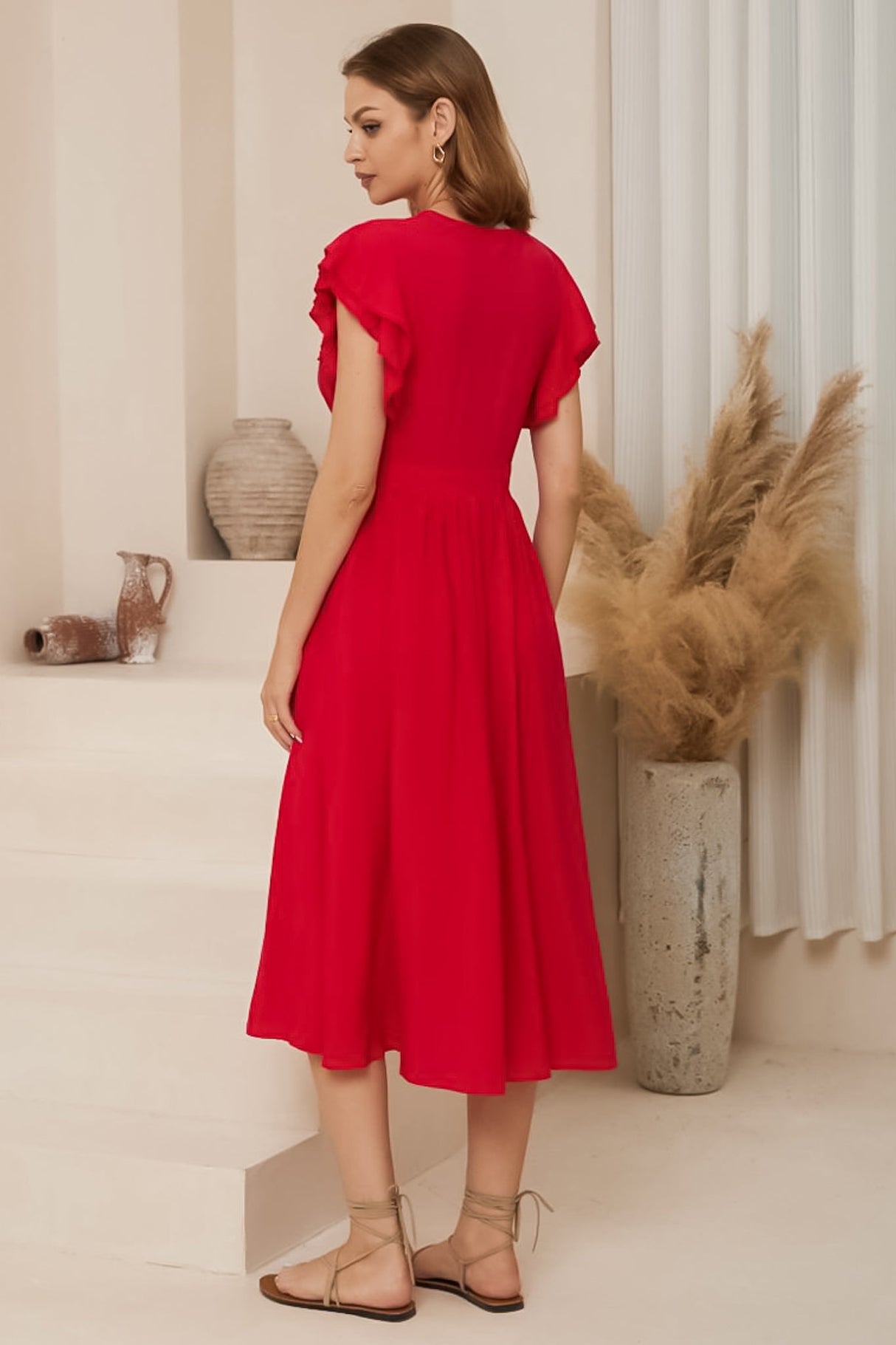 Karah Midi Dress - V Neck Frill Sleeve Dress in Red