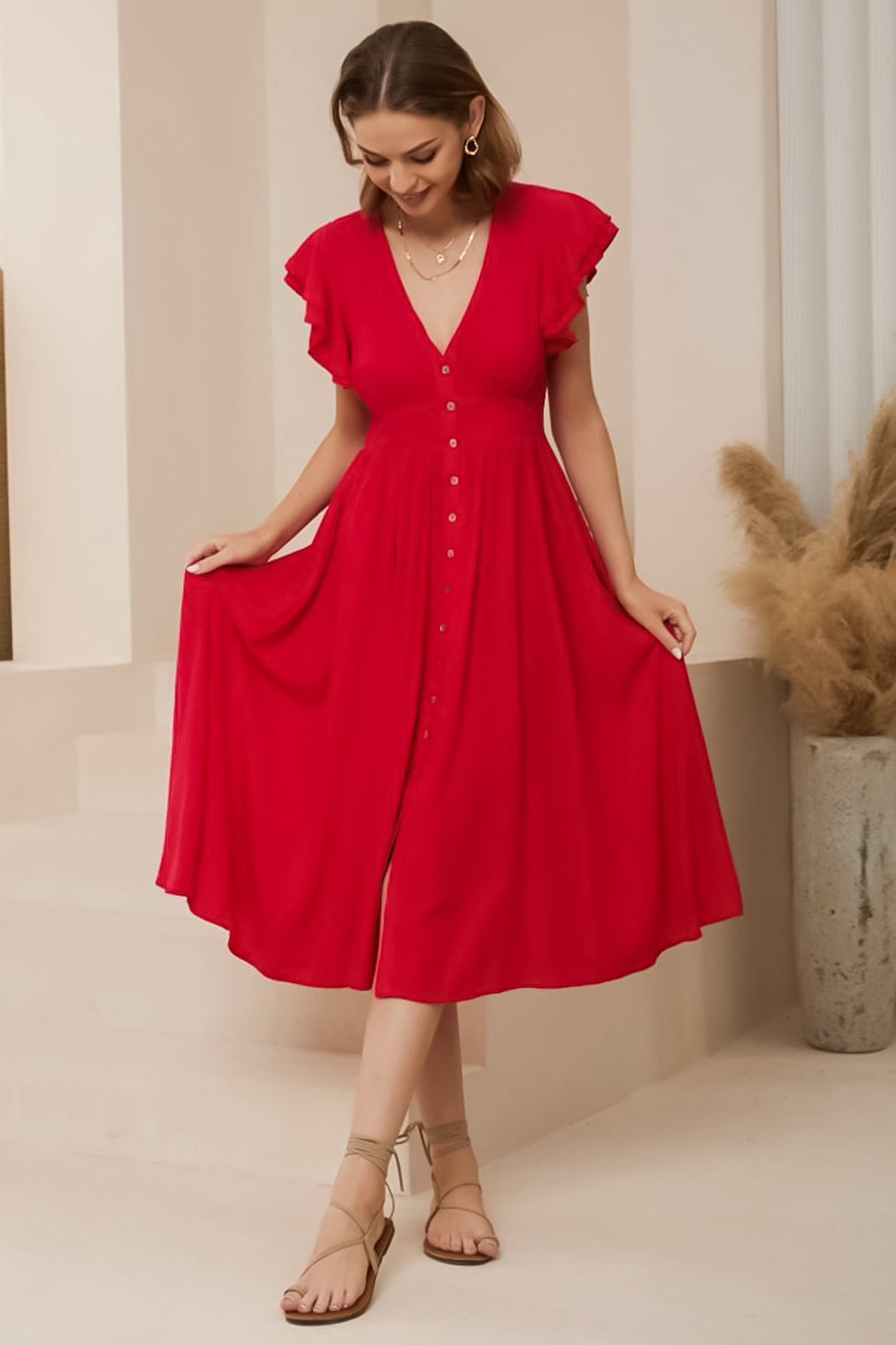 Karah Midi Dress - V Neck Frill Sleeve Dress in Red