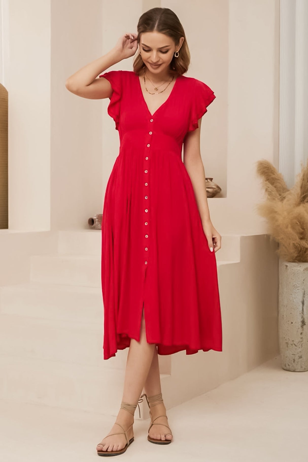 Karah Midi Dress - V Neck Frill Sleeve Dress in Red