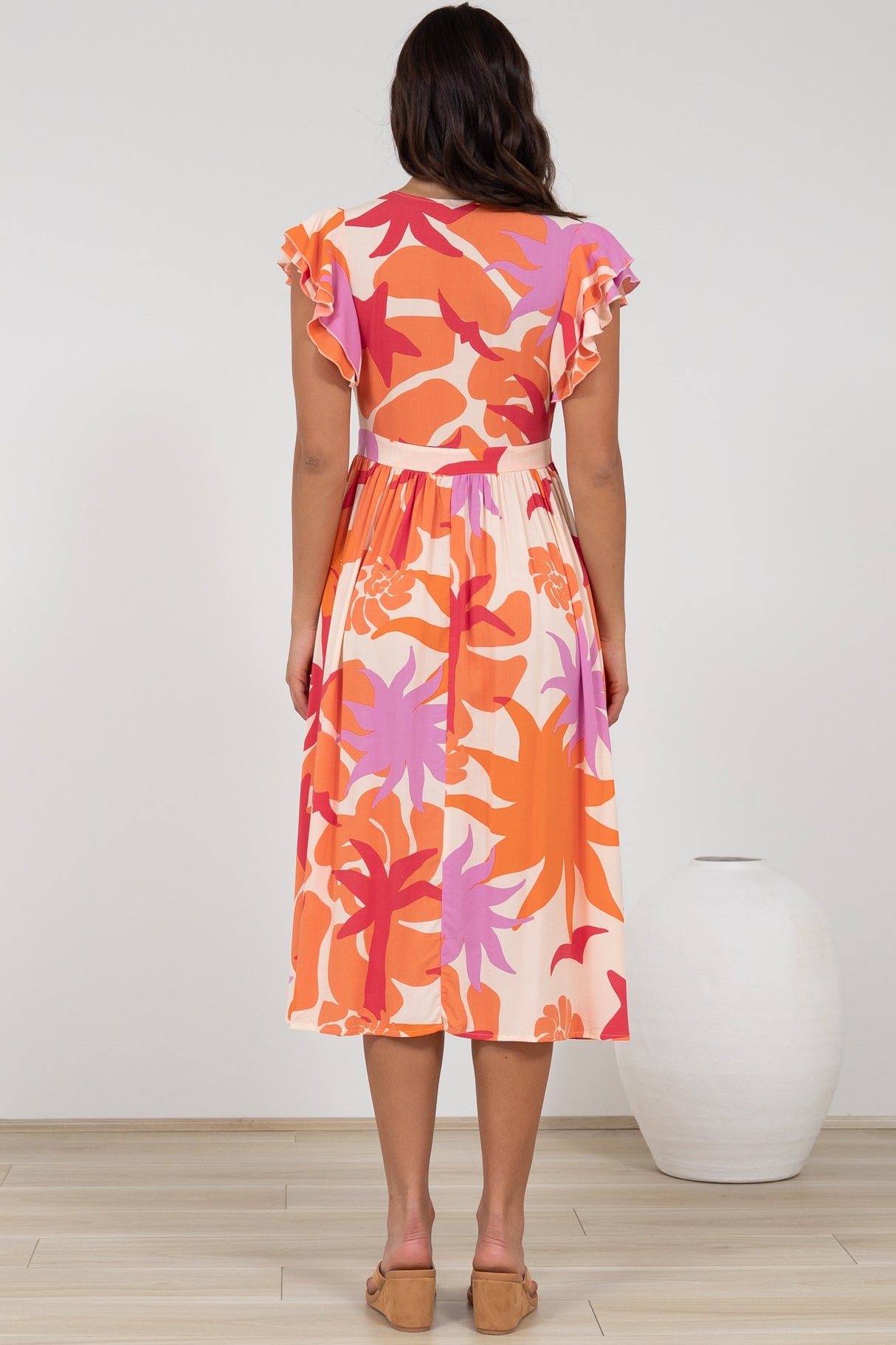 Karah Midi Dress - V Neck Frill Sleeve Dress in Kendal Print
