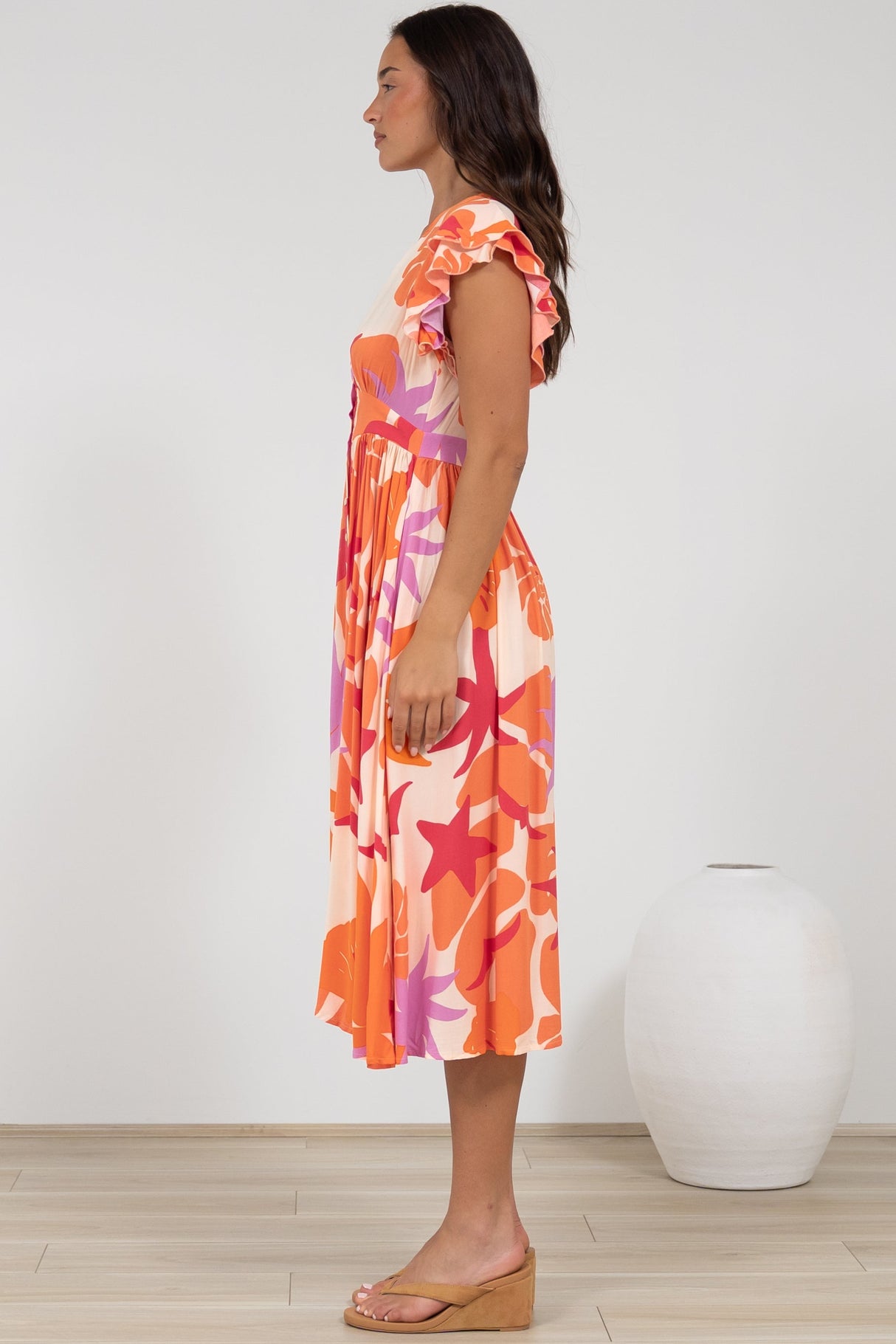 Karah Midi Dress - V Neck Frill Sleeve Dress in Kendal Print
