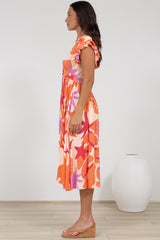 Karah Midi Dress - V Neck Frill Sleeve Dress in Kendal Print