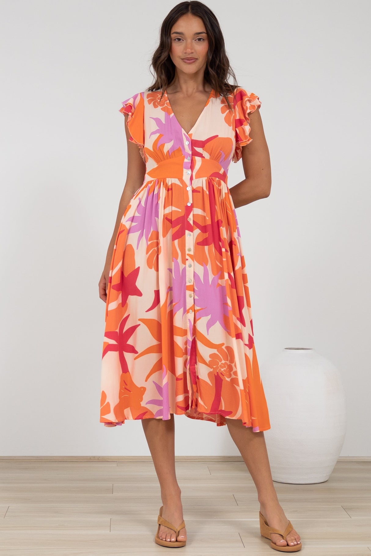 Karah Midi Dress - V Neck Frill Sleeve Dress in Kendal Print