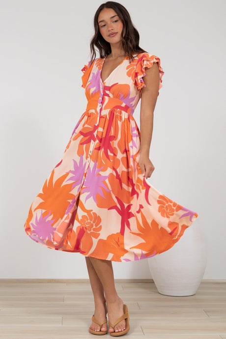 Karah Midi Dress - V Neck Frill Sleeve Dress in Kendal Print