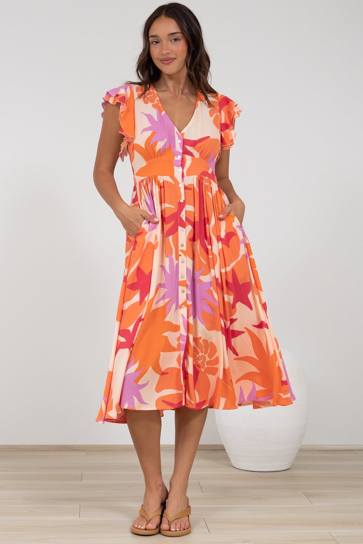 Karah Midi Dress - V Neck Frill Sleeve Dress in Kendal Print