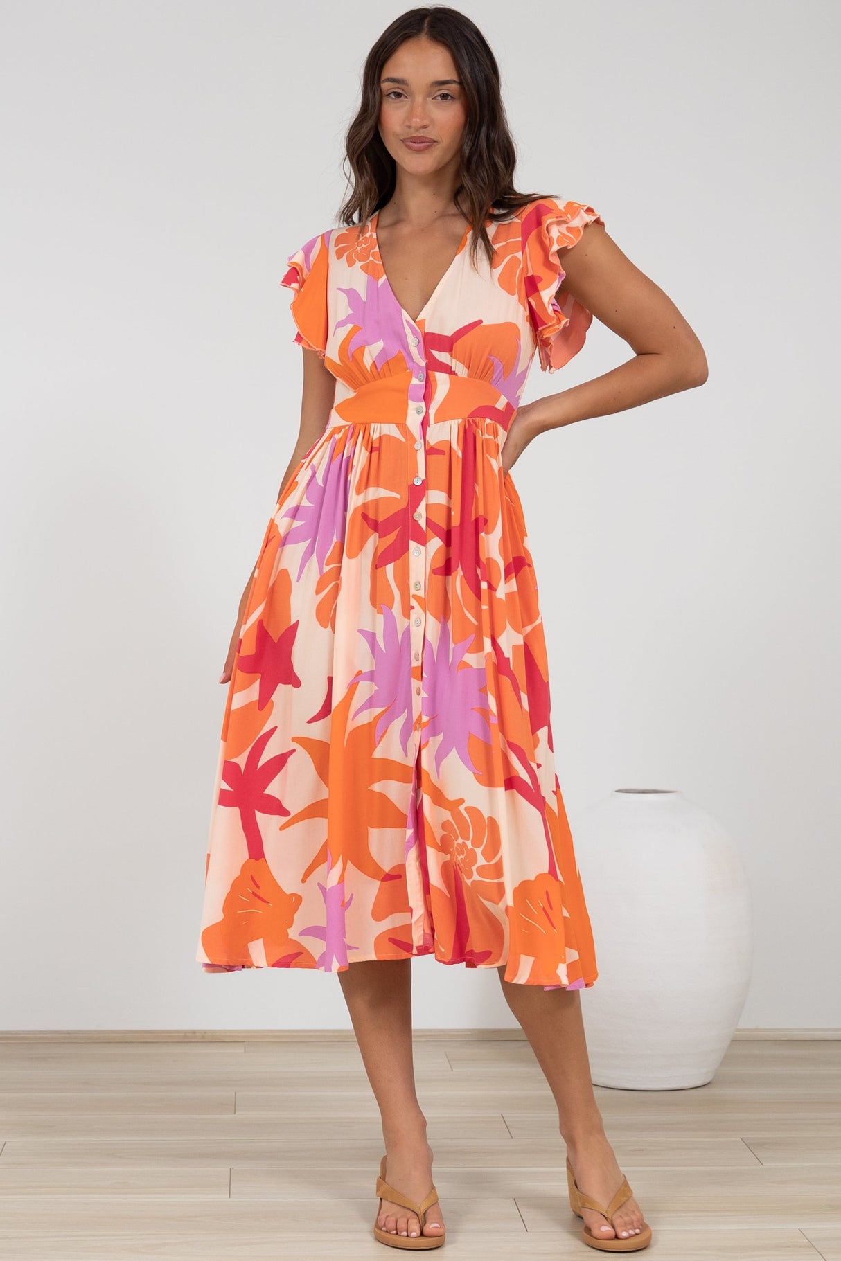 Karah Midi Dress - V Neck Frill Sleeve Dress in Kendal Print