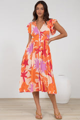 Karah Midi Dress - V Neck Frill Sleeve Dress in Kendal Print