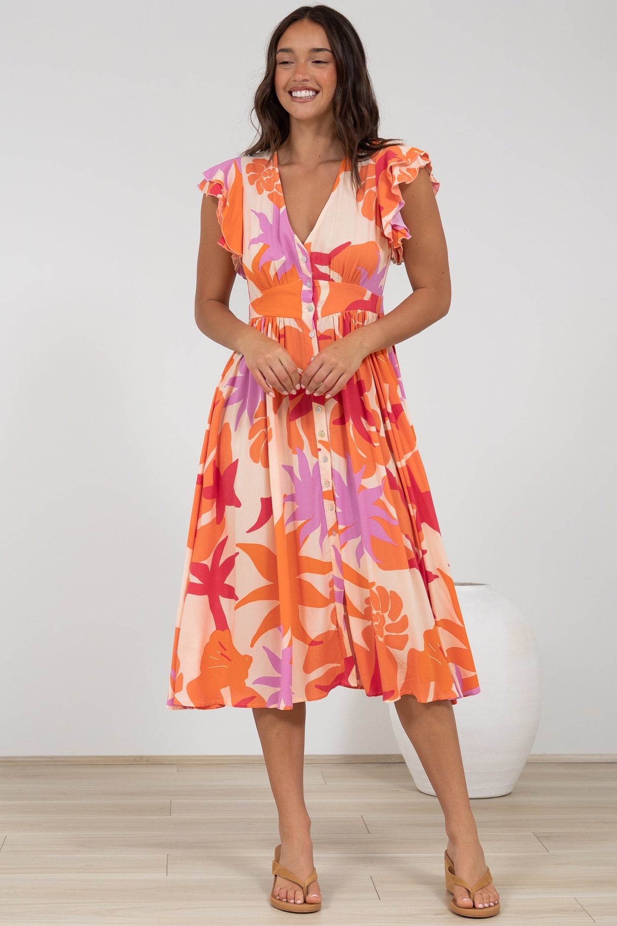 Karah Midi Dress - V Neck Frill Sleeve Dress in Kendal Print