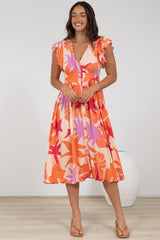 Karah Midi Dress - V Neck Frill Sleeve Dress in Kendal Print
