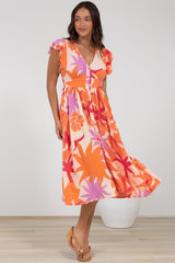 Karah Midi Dress - V Neck Frill Sleeve Dress in Kendal Print
