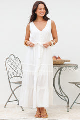 Karen Maxi Dress - Sleeveless Tiered Button Down with Lace Splicing and Waist Tie in White