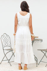 Karen Maxi Dress - Sleeveless Tiered Button Down with Lace Splicing and Waist Tie in White
