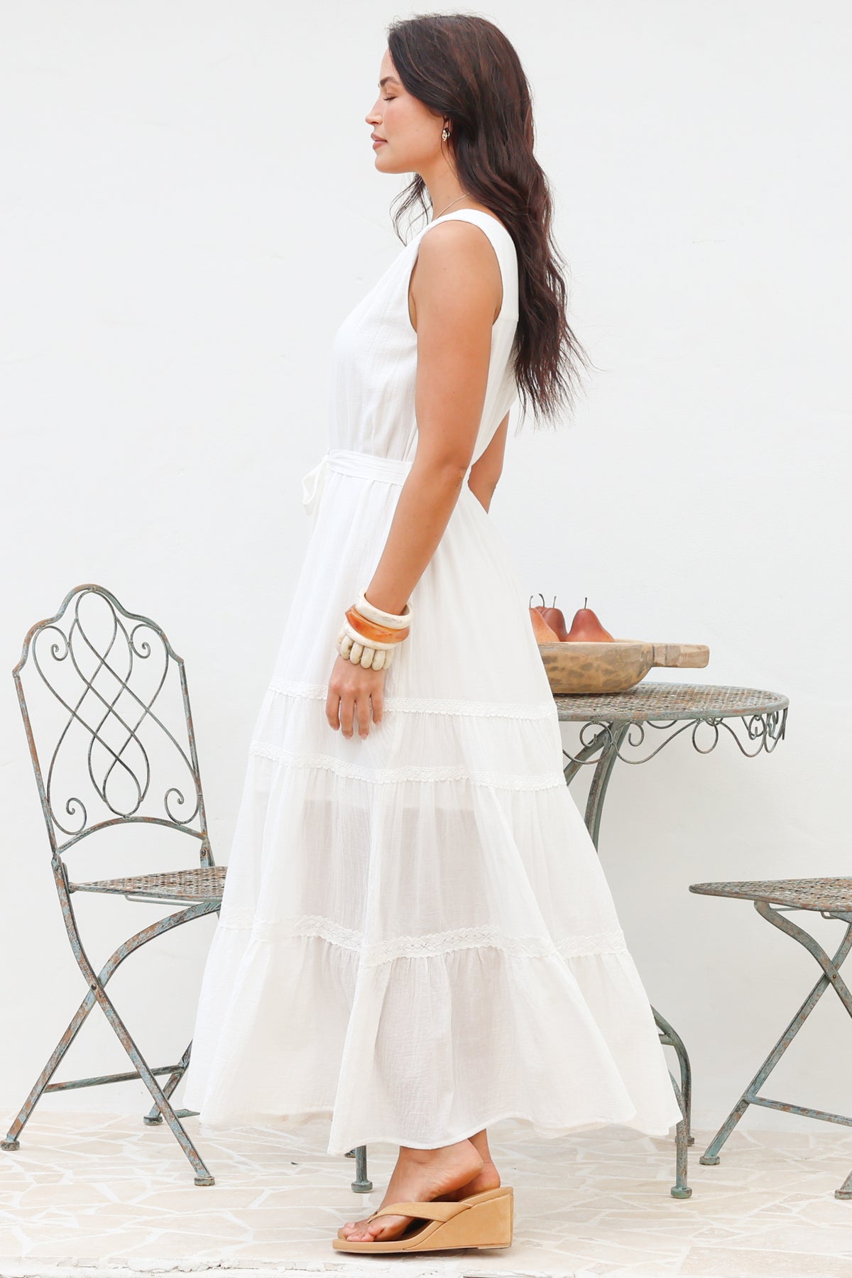 Karen Maxi Dress - Sleeveless Tiered Button Down with Lace Splicing and Waist Tie in White
