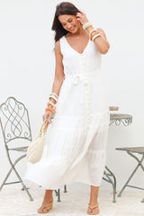 Karen Maxi Dress - Sleeveless Tiered Button Down with Lace Splicing and Waist Tie in White