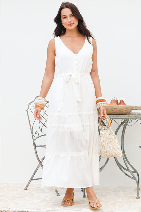Karen Maxi Dress - Sleeveless Tiered Button Down with Lace Splicing and Waist Tie in White