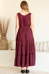 Karen Maxi Dress - Sleeveless Tiered Button Down with Lace Splicing and Waist Tie in Wine
