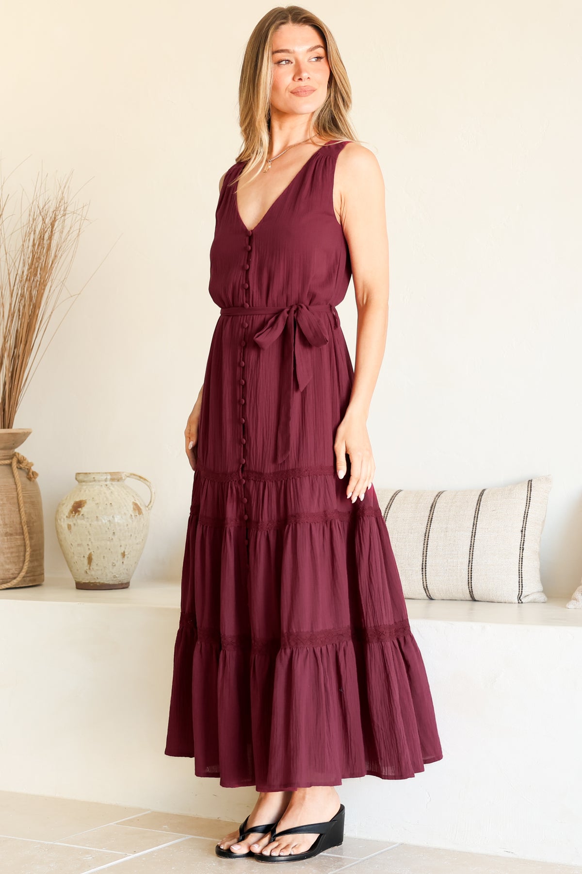 Karen Maxi Dress - Sleeveless Tiered Button Down with Lace Splicing and Waist Tie in Wine