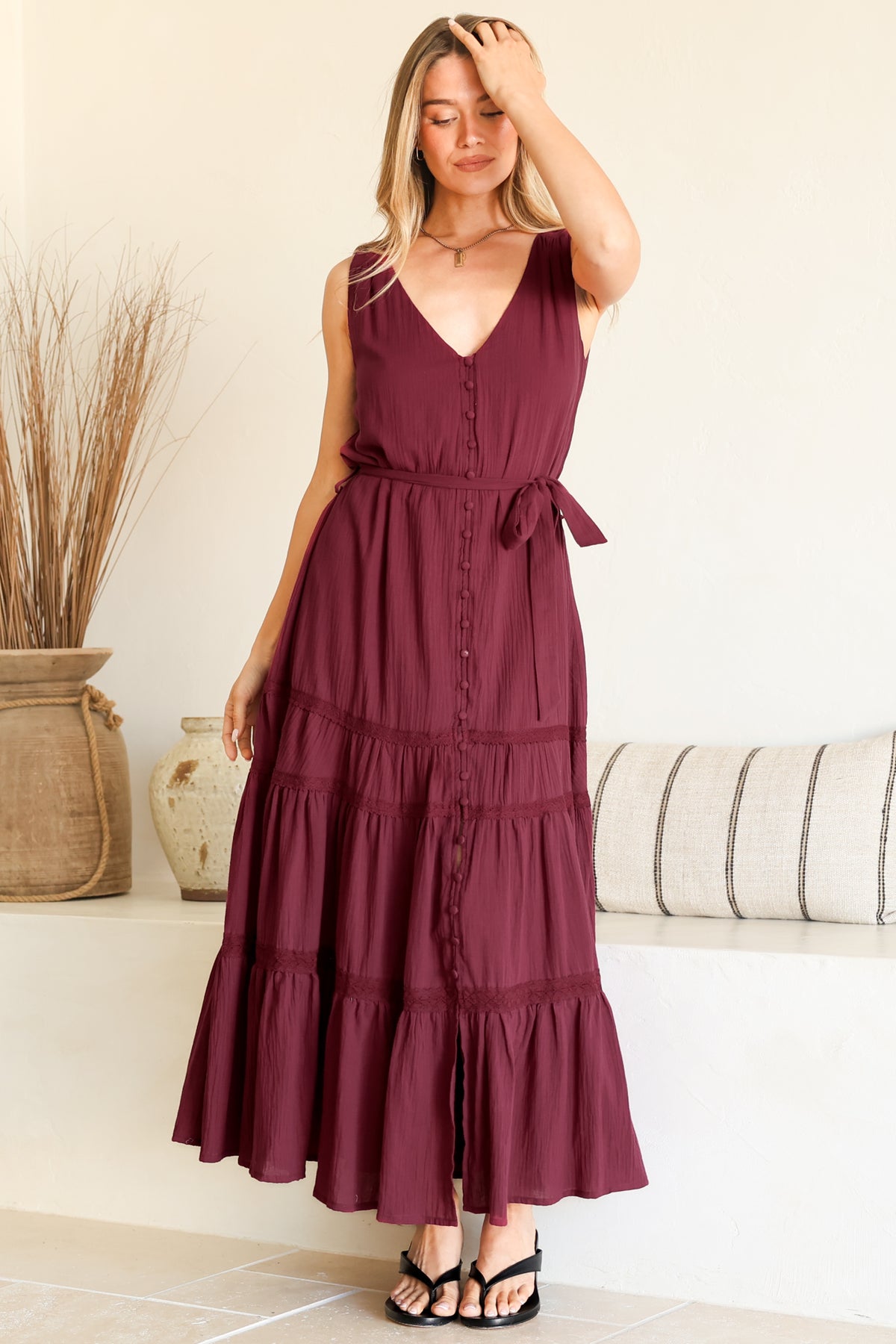 Karen Maxi Dress - Sleeveless Tiered Button Down with Lace Splicing and Waist Tie in Wine