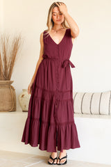 Karen Maxi Dress - Sleeveless Tiered Button Down with Lace Splicing and Waist Tie in Wine