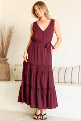 Karen Maxi Dress - Sleeveless Tiered Button Down with Lace Splicing and Waist Tie in Wine