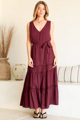 Karen Maxi Dress - Sleeveless Tiered Button Down with Lace Splicing and Waist Tie in Wine
