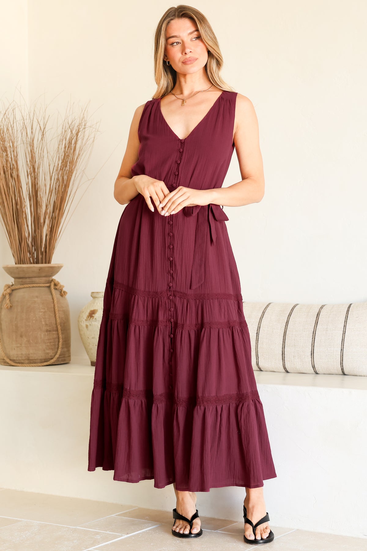 Karen Maxi Dress - Sleeveless Tiered Button Down with Lace Splicing and Waist Tie in Wine