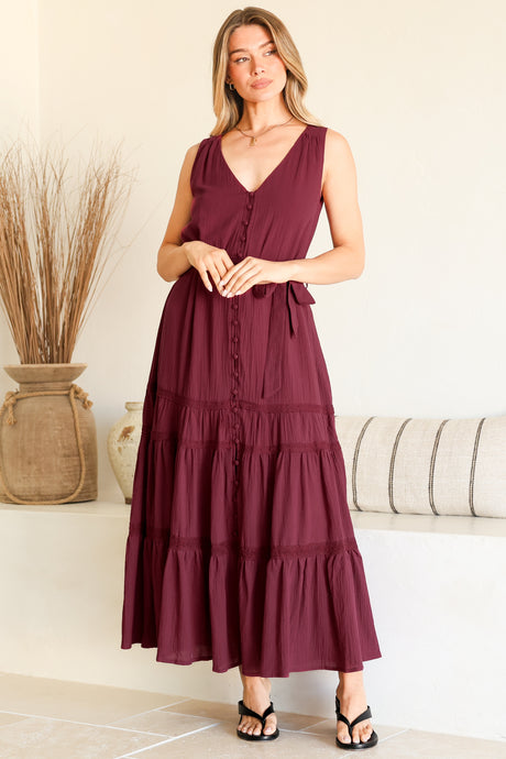 Karen Maxi Dress - Sleeveless Tiered Button Down with Lace Splicing and Waist Tie in Wine