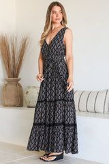 Karen Maxi Dress - Sleeveless Tiered Button Down with Lace Splicing and Waist Tie in Almaya Print
