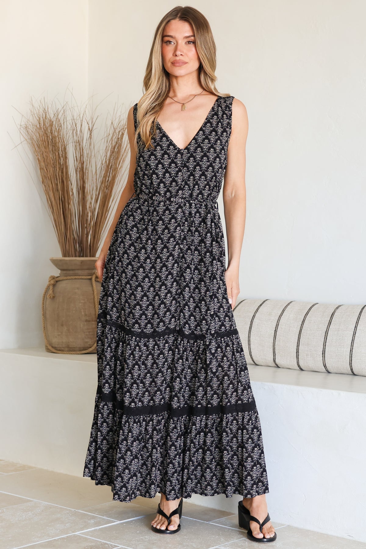 Karen Maxi Dress - Sleeveless Tiered Button Down with Lace Splicing and Waist Tie in Almaya Print