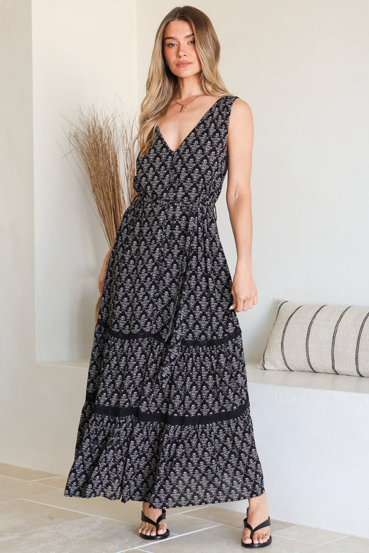 Karen Maxi Dress - Sleeveless Tiered Button Down with Lace Splicing and Waist Tie in Almaya Print