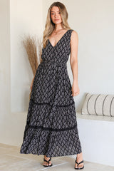 Karen Maxi Dress - Sleeveless Tiered Button Down with Lace Splicing and Waist Tie in Almaya Print