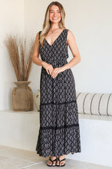 Karen Maxi Dress - Sleeveless Tiered Button Down with Lace Splicing and Waist Tie in Almaya Print