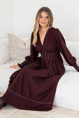 Karey Midi Dress - Fit and Flare Contrasr Stitching Dress in Wine